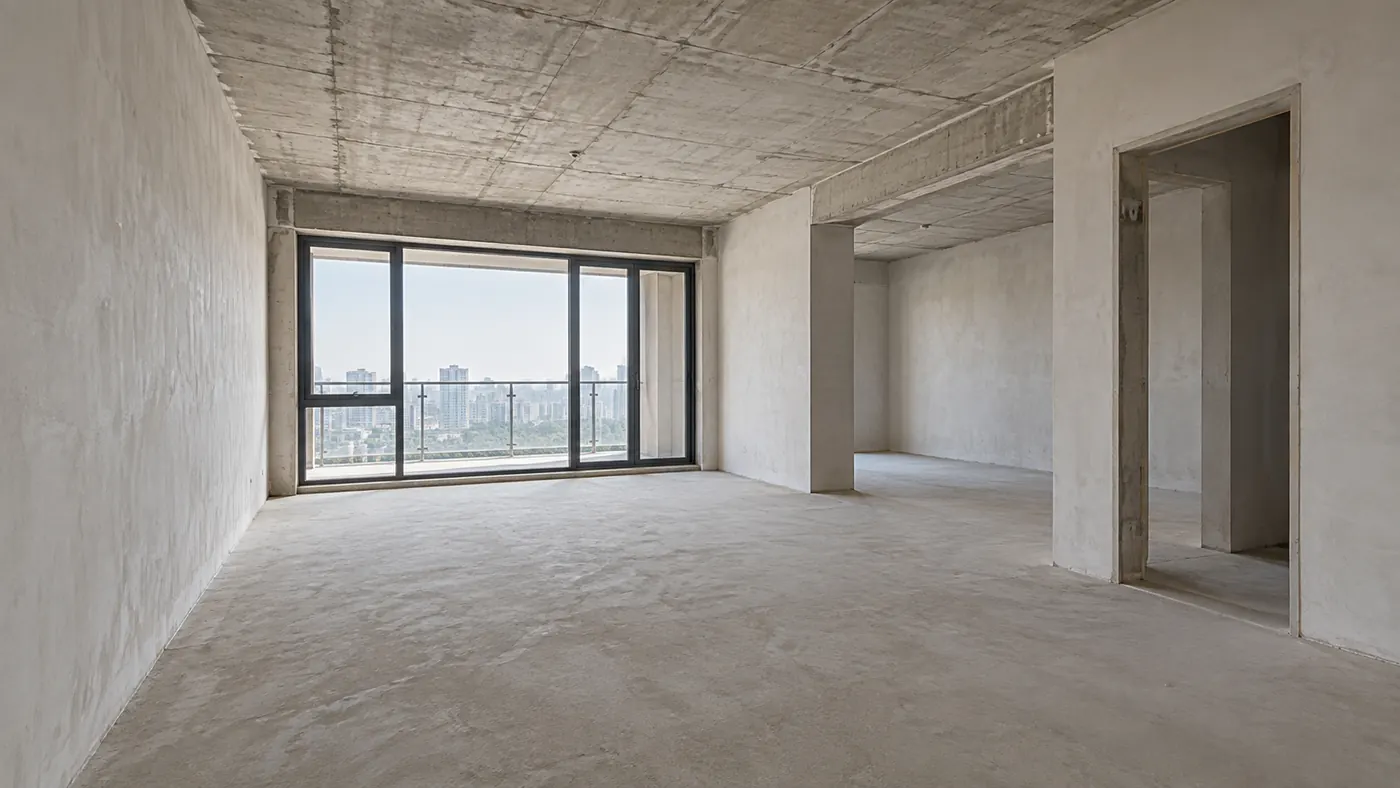 新房装修对比示意:交房毛坯状态的客餐厅,水泥地面与裸露天花